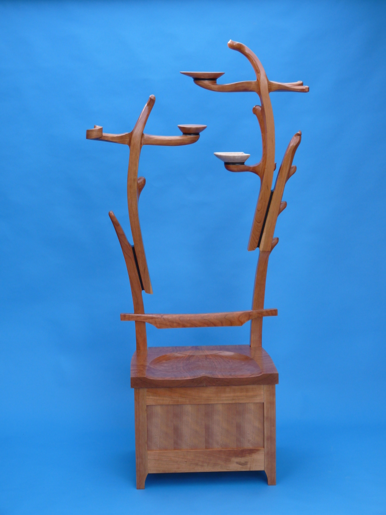 Cherry bench with sculpted tree for coats, scarves and hats